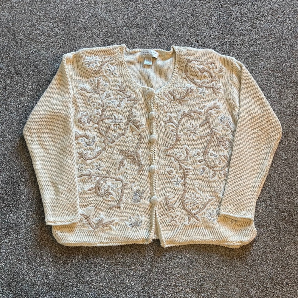 VTG 90s Womens Casual Corner Cardigan XL Cream Embroidered Pearl Chunky Knit